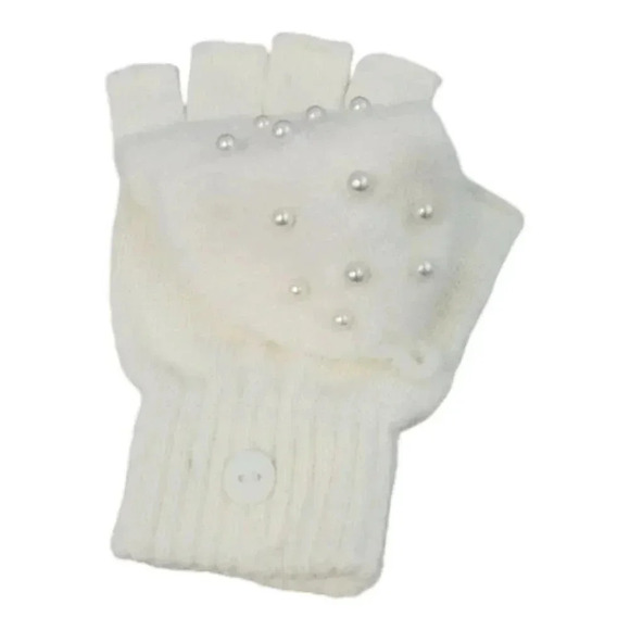 White Knit hat with Super Pom and Faux Pearl Accents Hat and Fingerles Glove set - Picture 3 of 12